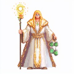 Pixelated 8 Bit-Style Gentle Healer NPC Male Character Model with Golden Hair, Flowing Robes, and Glowing Staff on White Background