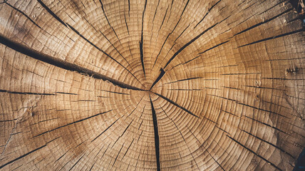 Fototapeta premium Close-up of a freshly cut teak tree surface showcasing growth rings and fine cracks, perfect for woodworking, forestry, or natural texture backgrounds in creative projects. 
