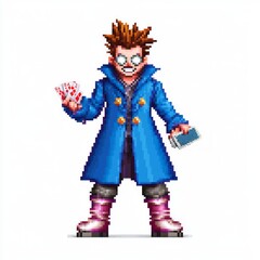 Pixelated Trickster: 8-Bit NPC Male Character Model in Blue Coat with Deck of Cards & Spiky Hair on White Background