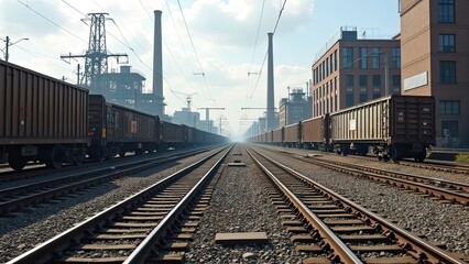 Fototapeta premium Trains Lined up on Railway Tracks Near Industrial Buildings in a Quiet Urban Area During Daylight
