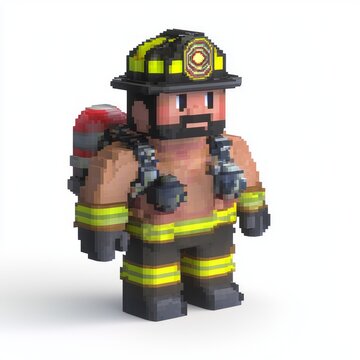 Fototapeta Brave Firefighter 8-Bit NPC Model with Safety Equipment on Isolated Background