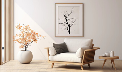 Minimalist Living Room White Sofa Wooden Accents and Dried Plant