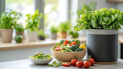 Eco Friendly Kitchen Composting with Bowl of Vegetable Scraps Next to Compost Container Illuminated by Warm Natural Lighting  Sustainable Lifestyle and Waste Reduction Concept