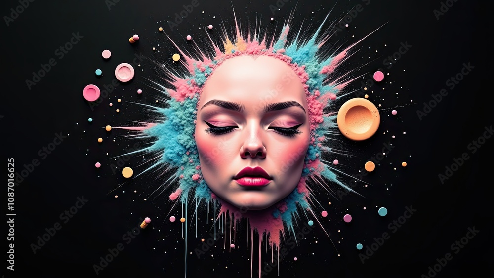Poster artistic model with vibrant colors and textures creating a striking visual effect against a dark bac