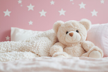 cute teddy bear lying in bed with white blanket and pillow, kids room decoration or bedtime