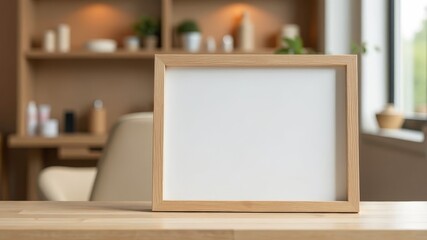 white mockup for text with wooden frame stands on wooden counter in coffee shop