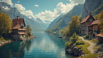 Naklejka premium Scenic View of Serene Lakeside Cottages Amid Majestic Mountains in a Picturesque Valley During a Sunny Day