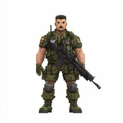 Fototapeta premium Pixelated NPC Soldier in Tactical Gear with Rifle on White Background