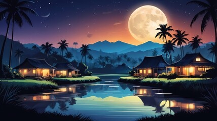 Fototapeta premium Full Moon Night in the Village