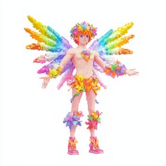 Whimsical Fairy NPC Male Character Model in 8-Bit Style with Colorful Wings and Pixelated Magical Accessories on White Background