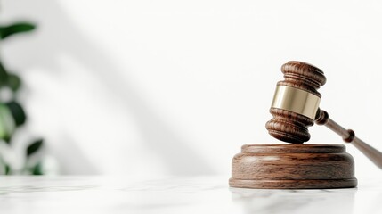 A close-up of a wooden gavel resting on its podium against a clean white background, symbolizing authority and justice.
