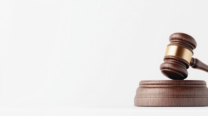 A close-up of a wooden gavel resting on its podium against a clean white background, symbolizing authority and justice.