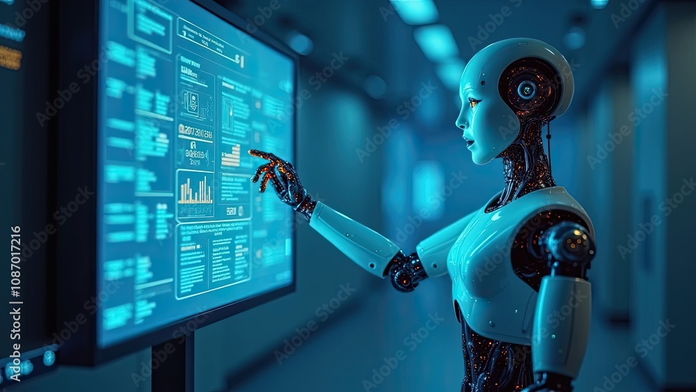 Aufkleber a humanoid robot interacts with a digital display in a futuristic technology lab during the late eve