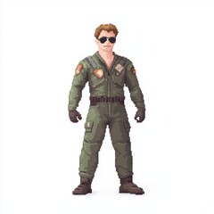 Fototapeta premium Retro 8-Bit Pilot NPC Character Model in Flight Suit with Aviator Sunglasses on Isolated White Background