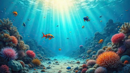 Obraz premium Vibrant Coral Reef Brimming With Colorful Fish at Midday in a Crystal-Clear Ocean