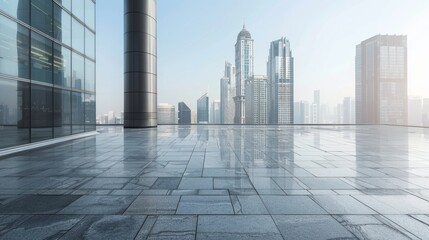 Fototapeta premium Empty square floor with city skyline background, City skyline with bustling financial district, dynamic urban landscape