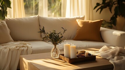 Celebrate Diwali in Style: A Premium Beige Interior Focused on a Gift Hamper on the Coffee Table