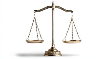 A detailed shot of a brass legal scale against a white background, with delicate shadows creating a sense of balance and symmetry.