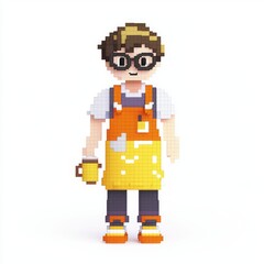 Fototapeta premium 8-Bit Style NPC Male Barista Character Model with Pixelated Apron and Coffee Cup