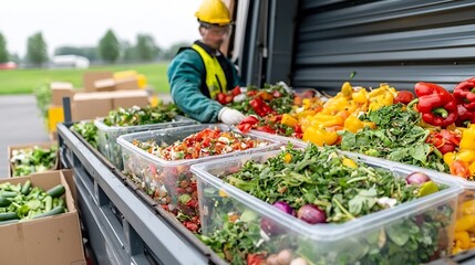 Close up view of food waste being unloaded from a truck at a recycling plant for biofuel processing