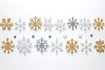 Design an elegant pattern featuring snowflakes in shades of gold and silver, arranged along the top or bottom edge on a white background