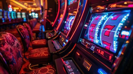 Close-up of a row of slot machines with a winning combination of three sevens in a casino.