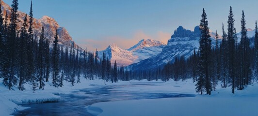 Serene Winter Landscape: Majestic Mountains Reflecting on a Frozen River