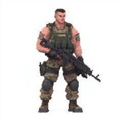 Fototapeta premium Pixelated NPC Soldier Character in Tactical Gear with Rifle on a White Background