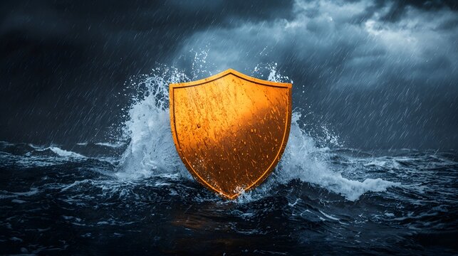 A golden shield standing firm against stormy winds, representing unwavering protection