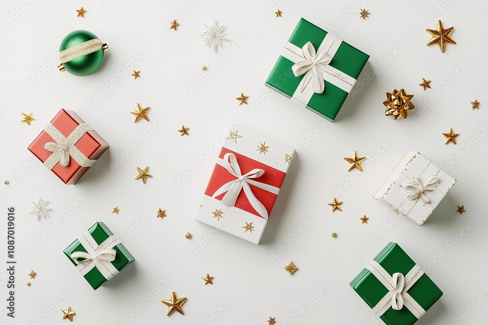 Poster 3d rendering of a christmas background with gift boxes, ribbons, and decorative elements on a white 