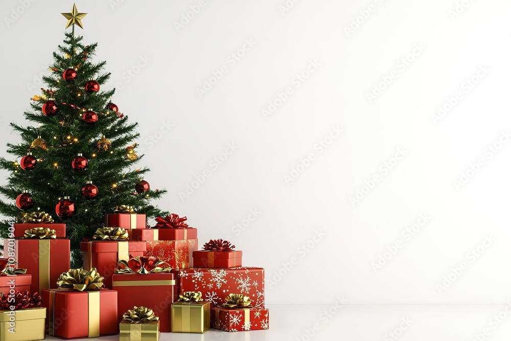 Poster 3d rendering of a christmas background with gift boxes, ribbons, and decorative elements on a white 