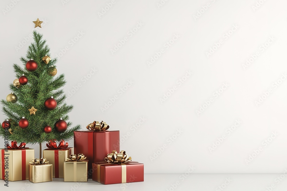 Poster 3d rendering of a christmas background with gift boxes, ribbons, and decorative elements on a white 