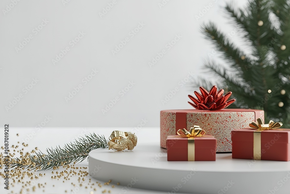 Poster 3d rendering of a christmas background with gift boxes, ribbons, and decorative elements on a white 