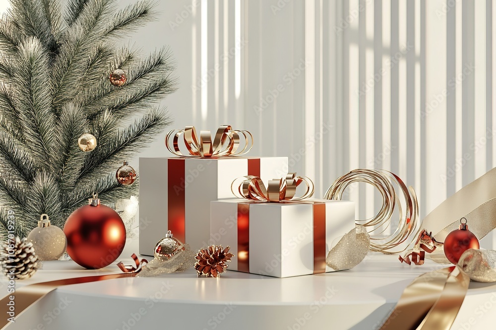 Poster 3d rendering of a christmas background with gift boxes, ribbons, and decorative elements on a white 