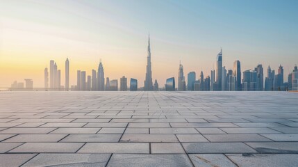Empty square floor with city skyline background, Urban square with bustling night market, vibrant city scene