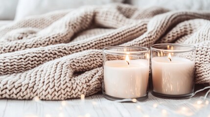 A cozy scene featuring lit candles beside a soft knitted blanket, creating a warm and inviting atmosphere for relaxation.