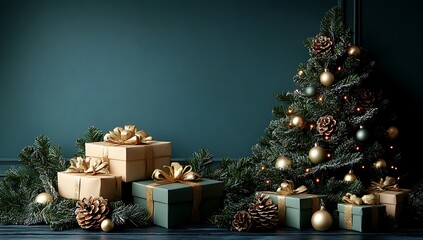 Presents under a glowing Christmas tree
