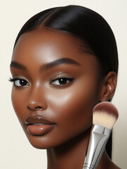 Sophisticated makeup look featuring model with radiant skin and makeup brush. image captures beauty and elegance, showcasing flawless application and stunning glow