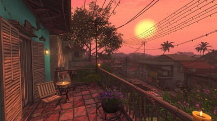 Naklejka premium A serene balcony scene at sunset, featuring lush greenery, rustic furniture, and vibrant skies, creating a tranquil and inviting atmosphere.