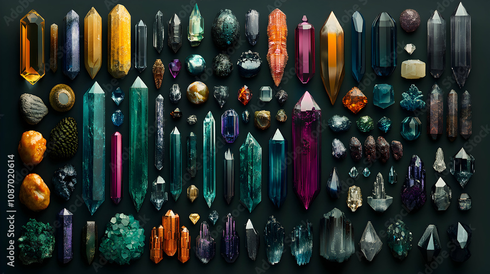 Poster a collection of vibrant and intricately cut crystal prisms arranged in a symmetrical pattern against