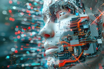 AI Artificial intelligence concept with a human face made up of computer code and circuitry on a digital background.