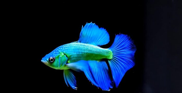 Vibrant blue betta fish isolated on black background, showcasing its elegant fins and iridescent scales.  Perfect for aquatic, pet, or nature themes.
