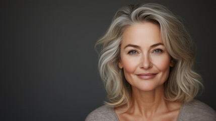 Naklejka premium serene portrait of woman with silver hair, showcasing natural beauty and confidence. Her warm smile radiates positivity and grace.