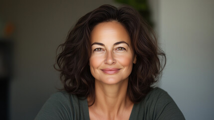 Obraz premium woman with curly hair smiles warmly, showcasing natural and confident expression. soft lighting highlights her features, creating welcoming atmosphere.
