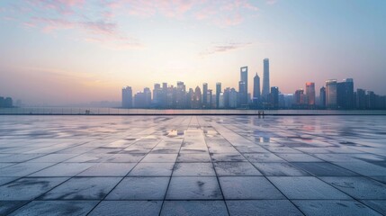 Empty square floor with city skyline background, Urban square with seasonal flower festival, colorful city scene