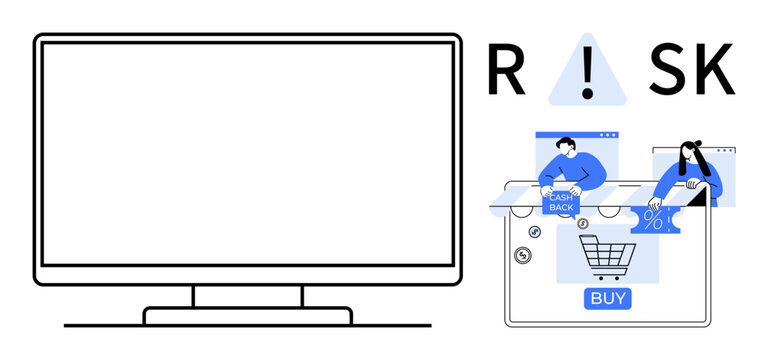 Computer monitor, cashback icon, discount percentage, buy button. Ideal for ecommerce safety, financial literacy, consumer protection, online shopping tips, cybersecurity risk management marketing