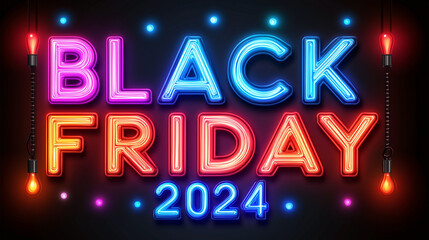 Black Friday 2024 text in vibrant neon colors with glowing lights and a dark background, creating a retro look