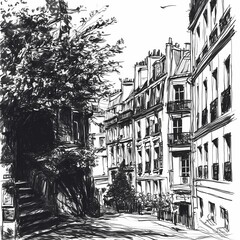 Obraz premium A charming black and white sketch of a small cozy residential French street with old historical architecture, a stone path and flowering bushes