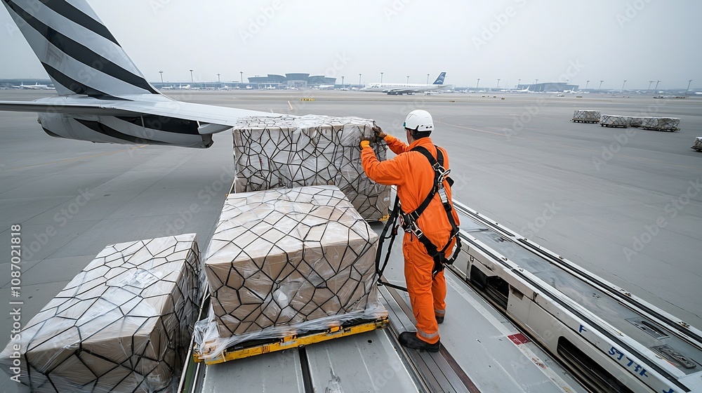 Poster Cargo Handler in Orange Uniform and Safety Harness Supervising the Loading of Freight onto a Commercial Airplane at an Airport Terminal with Surrounding Structures