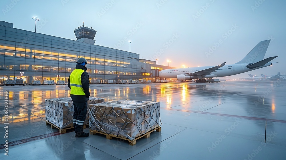 Poster worker in reflective safety clothing standing next to stacked cargo pallets at an airport with airpl
